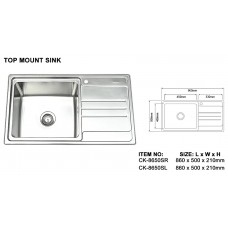 CRESTON CK-8650SR Top Mount Sink Size (860mm x 500mm x 210mm) Right-Drain